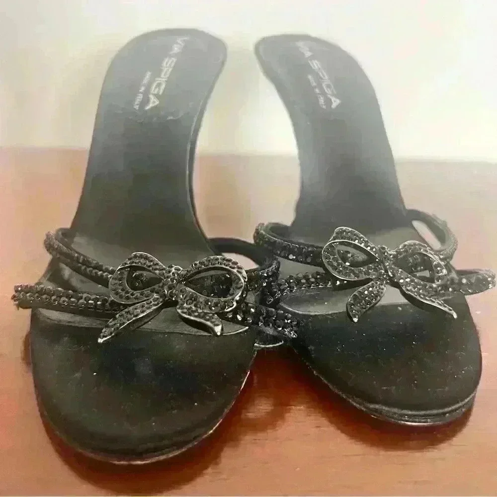 VIA SPIGA MADE IN ITALY SILVER BLACK OPEN TOE HEELS SHOES SANDALS SIZE  6M - Picture 2 of 5